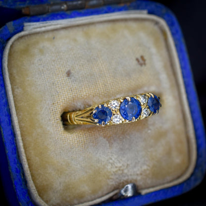 Vintage Blue Sapphire and Diamond Three Stone 18ct Yellow Gold Ring