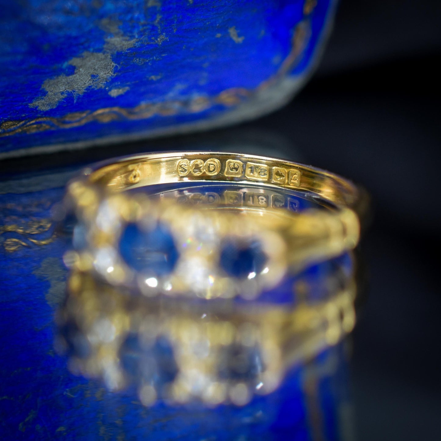 Vintage Blue Sapphire and Diamond Three Stone 18ct Yellow Gold Ring