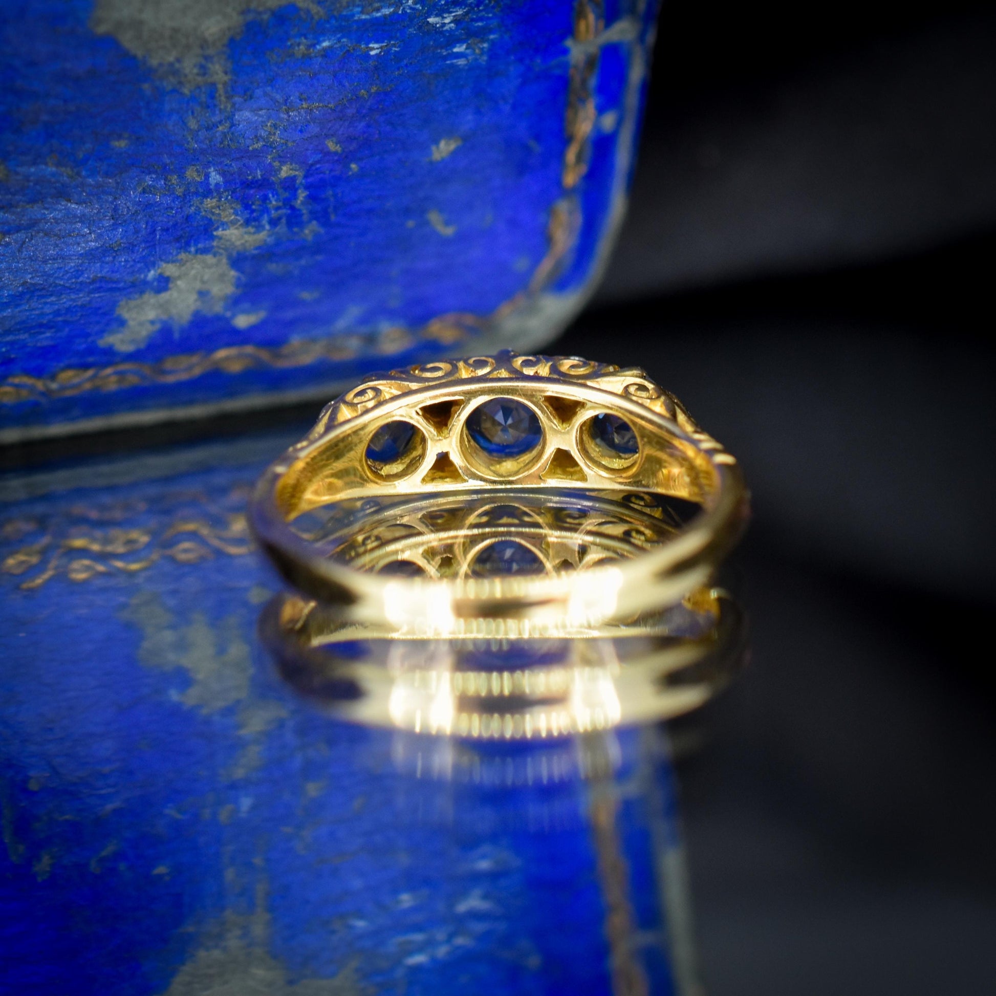 Vintage Blue Sapphire and Diamond Three Stone 18ct Yellow Gold Ring