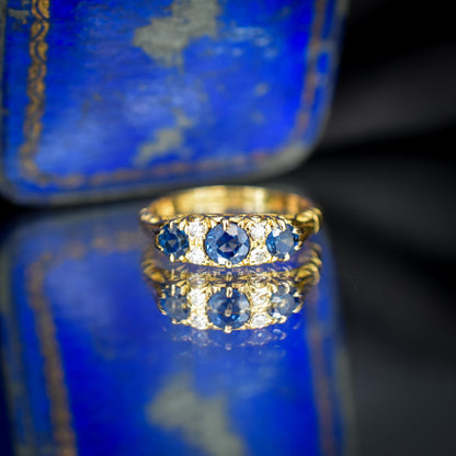 Vintage Blue Sapphire and Diamond Three Stone 18ct Yellow Gold Ring