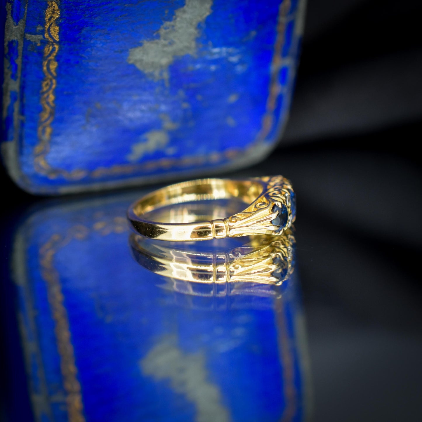 Vintage Blue Sapphire and Diamond Three Stone 18ct Yellow Gold Ring