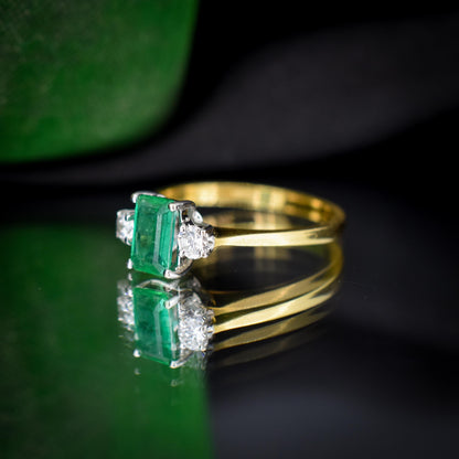 Vintage Emerald and Diamond Three Stone 18ct Gold Ring