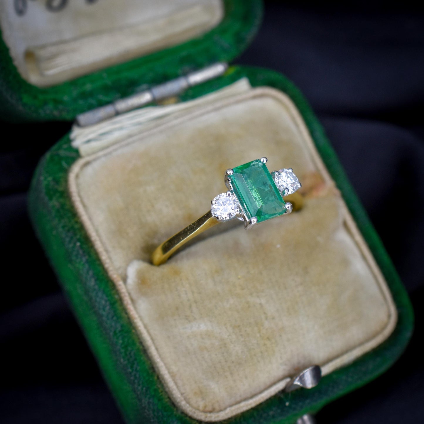 Vintage Emerald and Diamond Three Stone 18ct Gold Ring