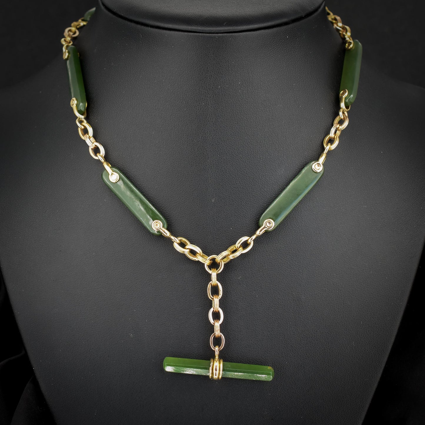 Vintage 14ct Yellow Gold Fancy Link Nephrite Albert Chain Necklace with T Bar | 15.5"