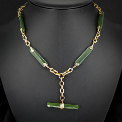 Vintage 14ct Yellow Gold Fancy Link Nephrite Albert Chain Necklace with T Bar | 15.5"