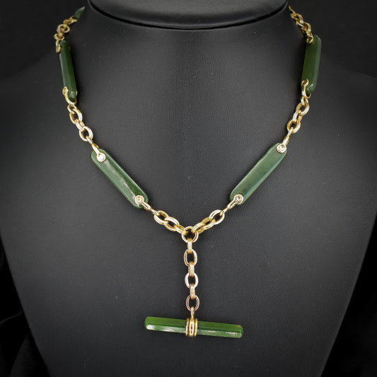 Vintage 14ct Yellow Gold Fancy Link Nephrite Albert Chain Necklace with T Bar | 15.5"