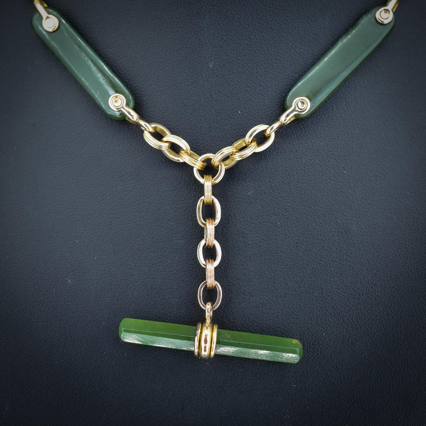 Vintage 14ct Yellow Gold Fancy Link Nephrite Albert Chain Necklace with T Bar | 15.5"