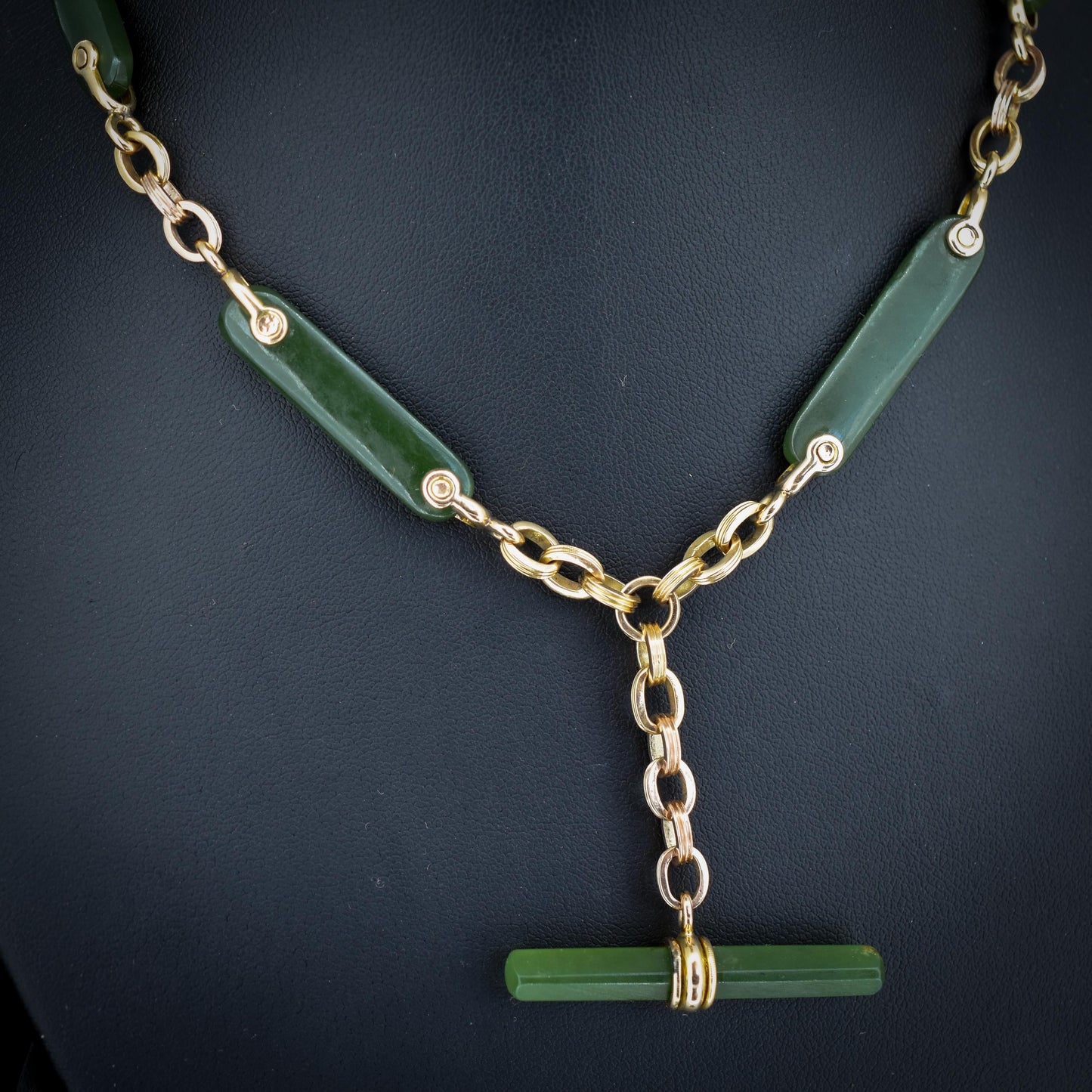 Vintage 14ct Yellow Gold Fancy Link Nephrite Albert Chain Necklace with T Bar | 15.5"