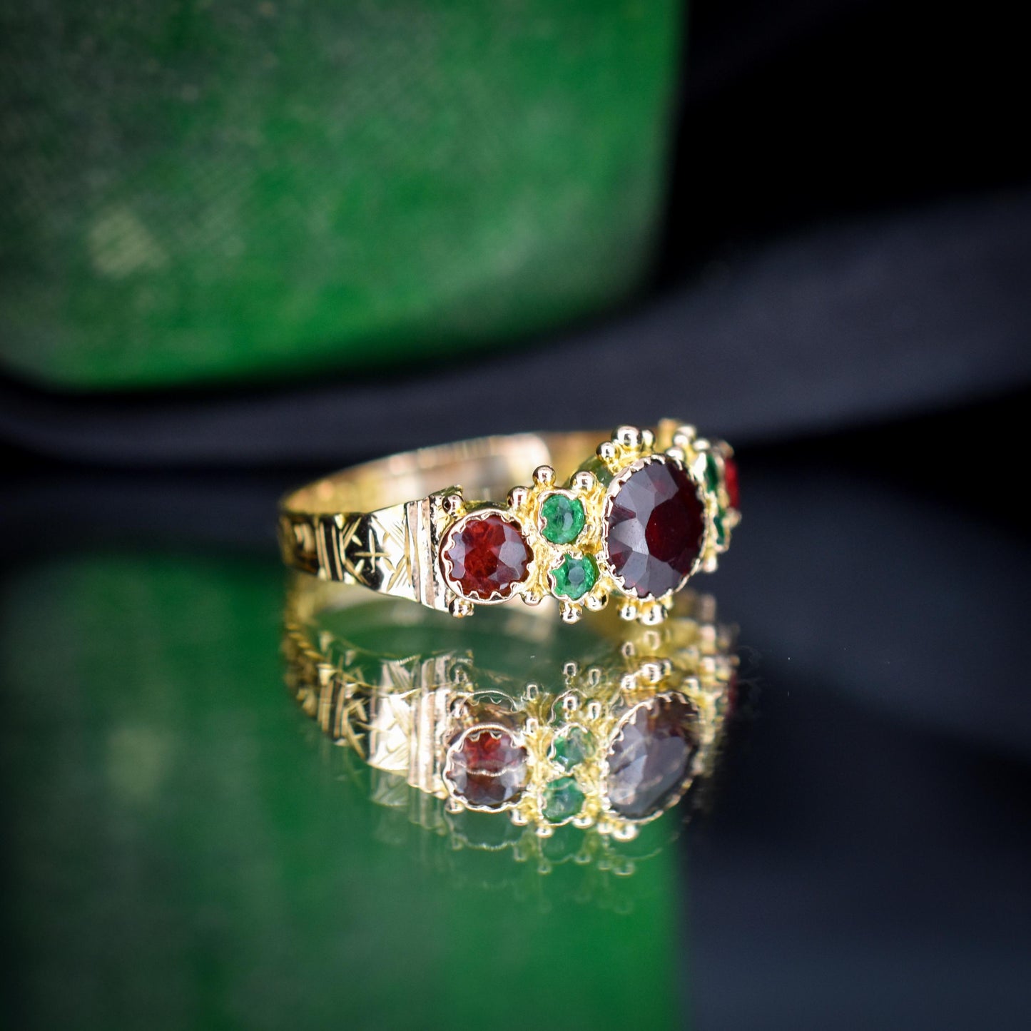 Antique Garnet and Emerald 15ct Gold Scroll Ring | Dated 1887