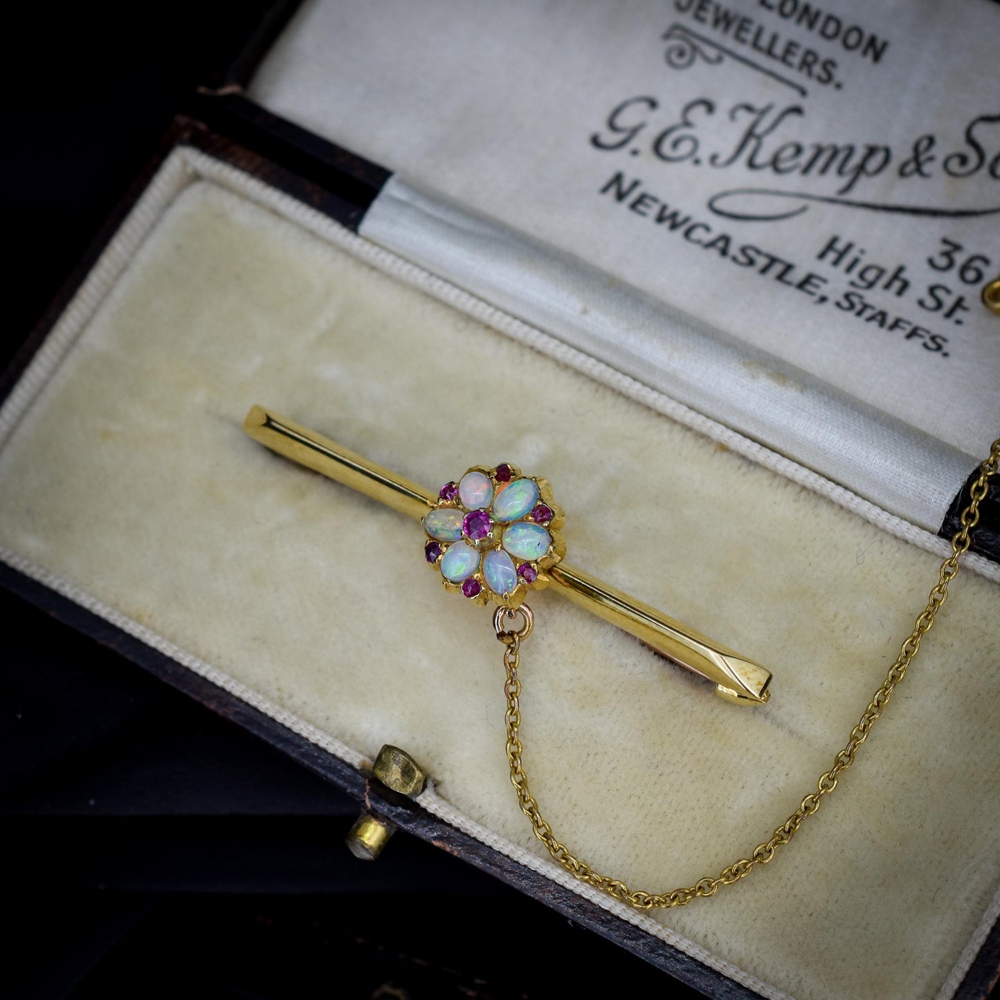 Antique Natural Opal and Ruby Flower 15ct Gold Bar Brooch Pin