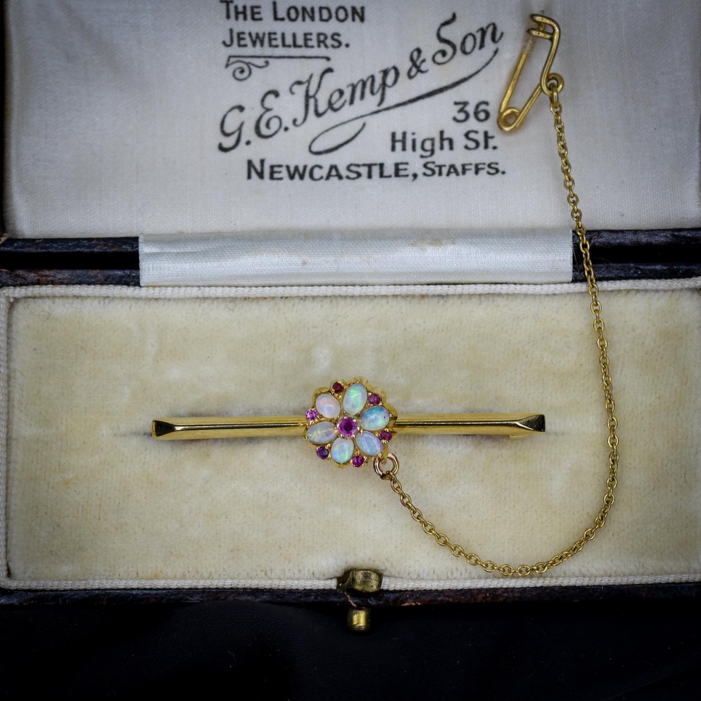 Antique Natural Opal and Ruby Flower 15ct Gold Bar Brooch Pin