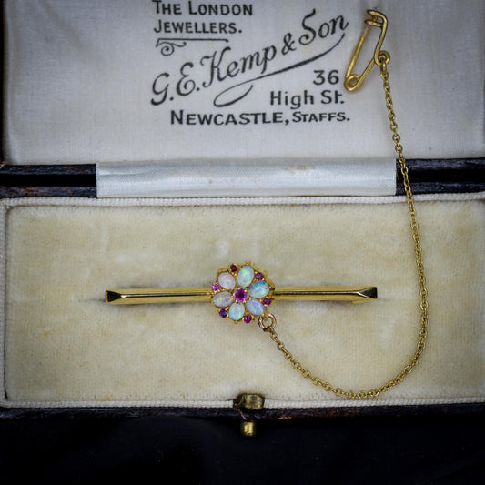 Antique Natural Opal and Ruby Flower 15ct Gold Bar Brooch Pin