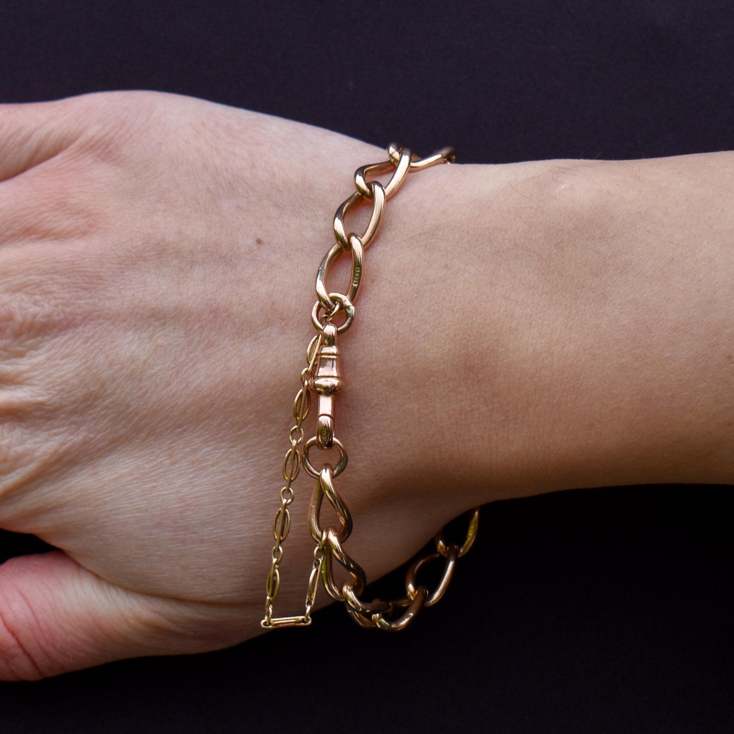 Antique 9ct Gold Twisted Open Curb Link Bracelet with Dog Clip | 8"