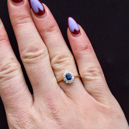 Antique Sapphire and Diamond Oval Cluster 18ct Gold and Platinum Ring