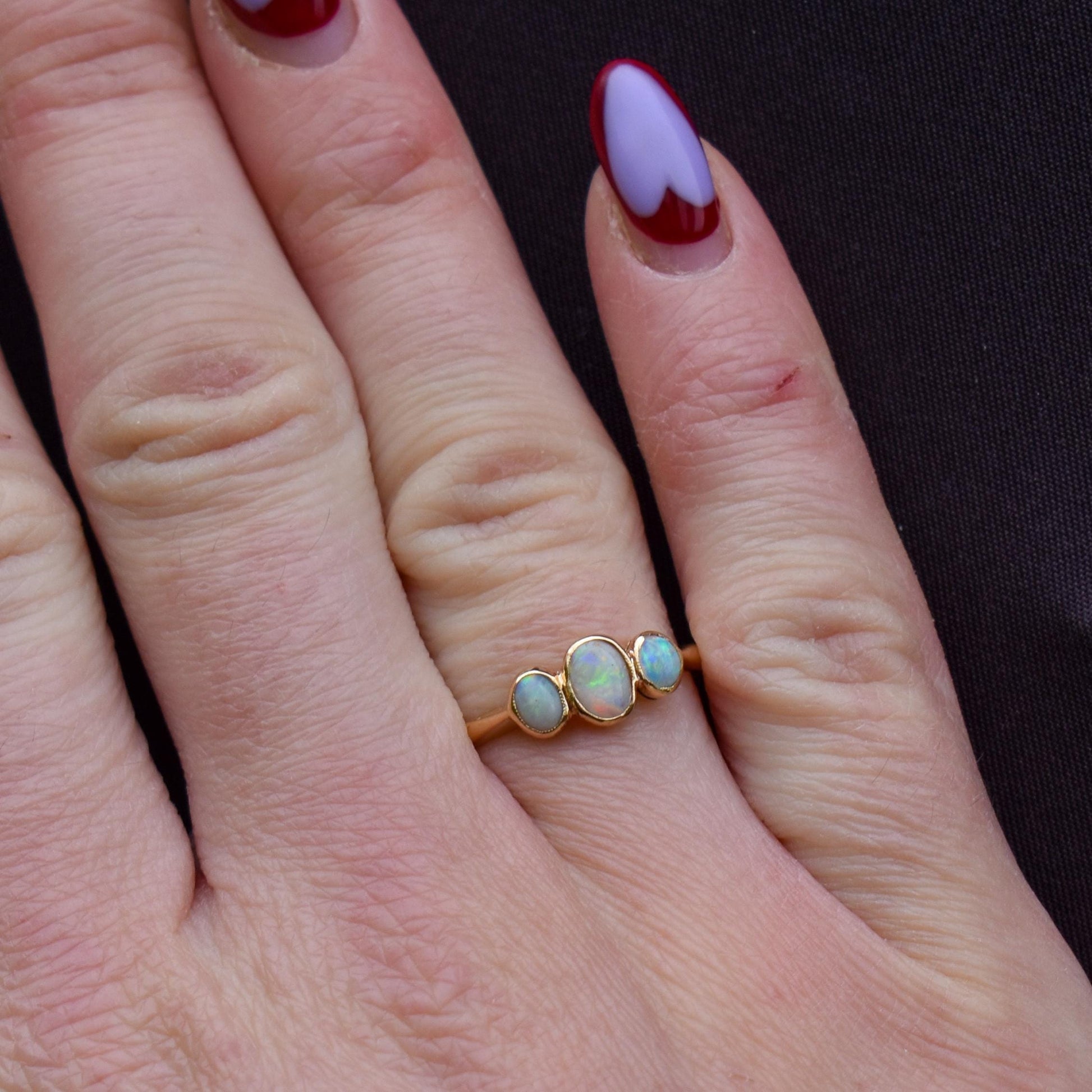 Antique Bezel Opal Three Stone Trilogy 18ct Gold Ring Band