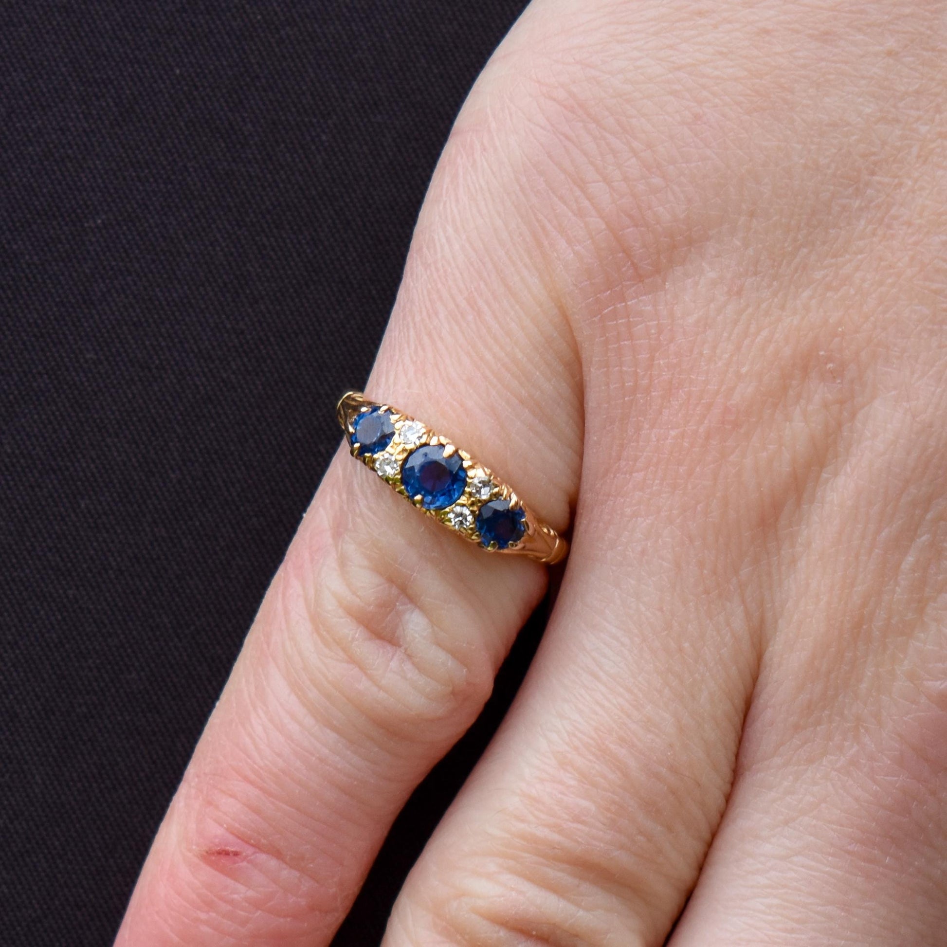 Vintage Blue Sapphire and Diamond Three Stone 18ct Yellow Gold Ring