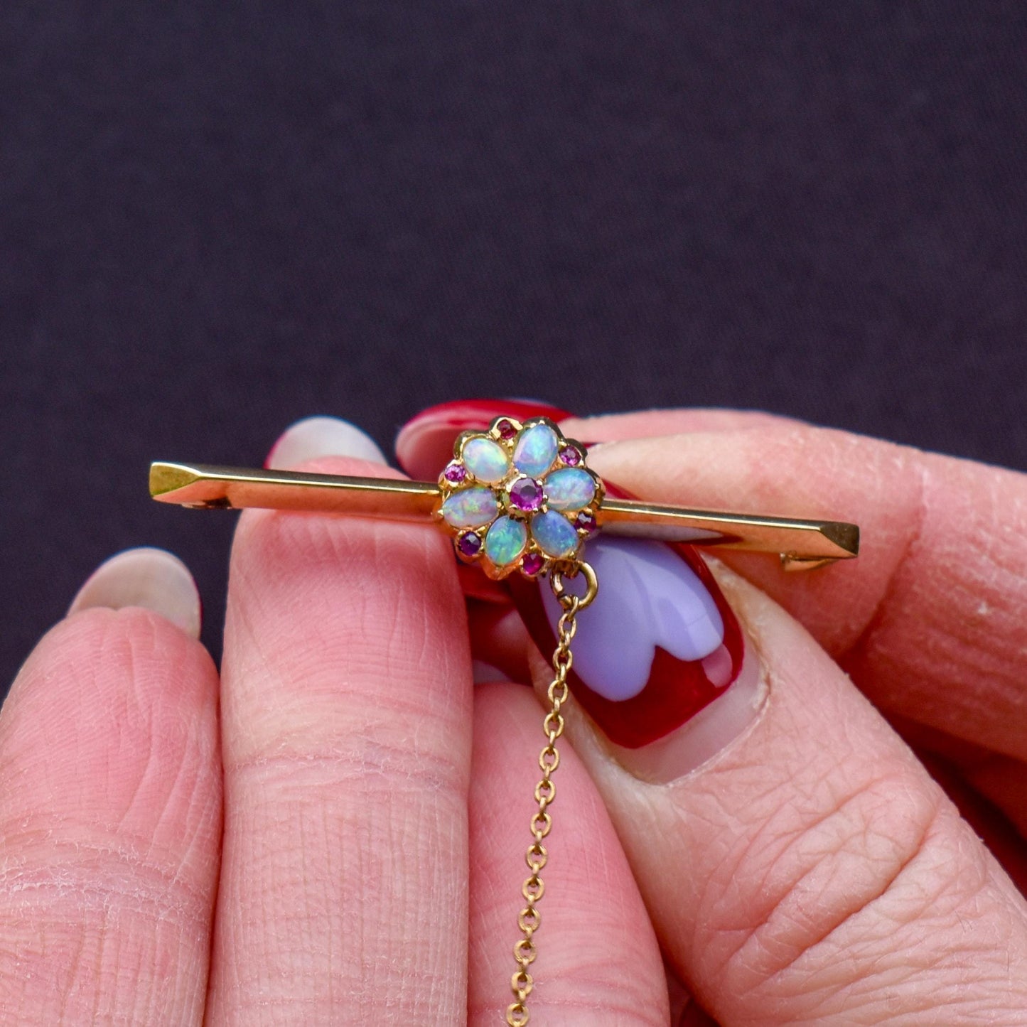 Antique Natural Opal and Ruby Flower 15ct Gold Bar Brooch Pin
