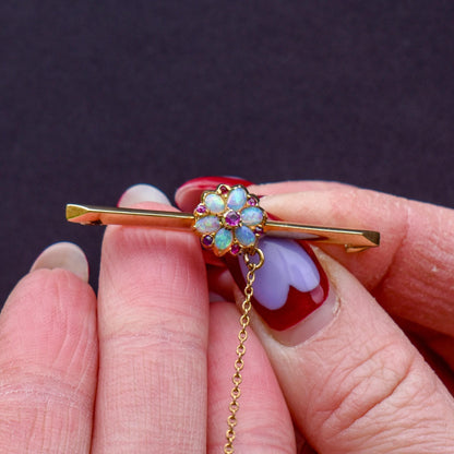 Antique Natural Opal and Ruby Flower 15ct Gold Bar Brooch Pin