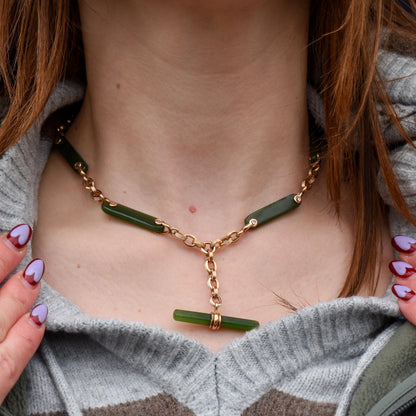 Vintage 14ct Yellow Gold Fancy Link Nephrite Albert Chain Necklace with T Bar | 15.5"