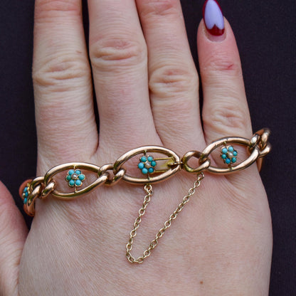 Antique Turquoise and Pearl Forget Me Not 9ct Gold Curb Link Bracelet | 7.5"