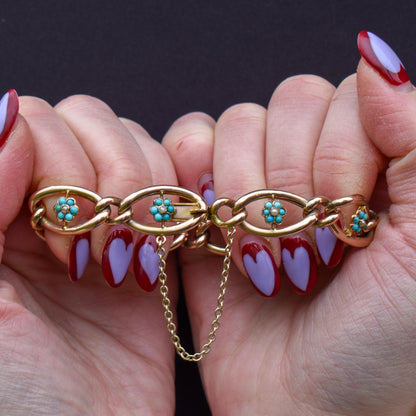 Antique Turquoise and Pearl Forget Me Not 9ct Gold Curb Link Bracelet | 7.5"