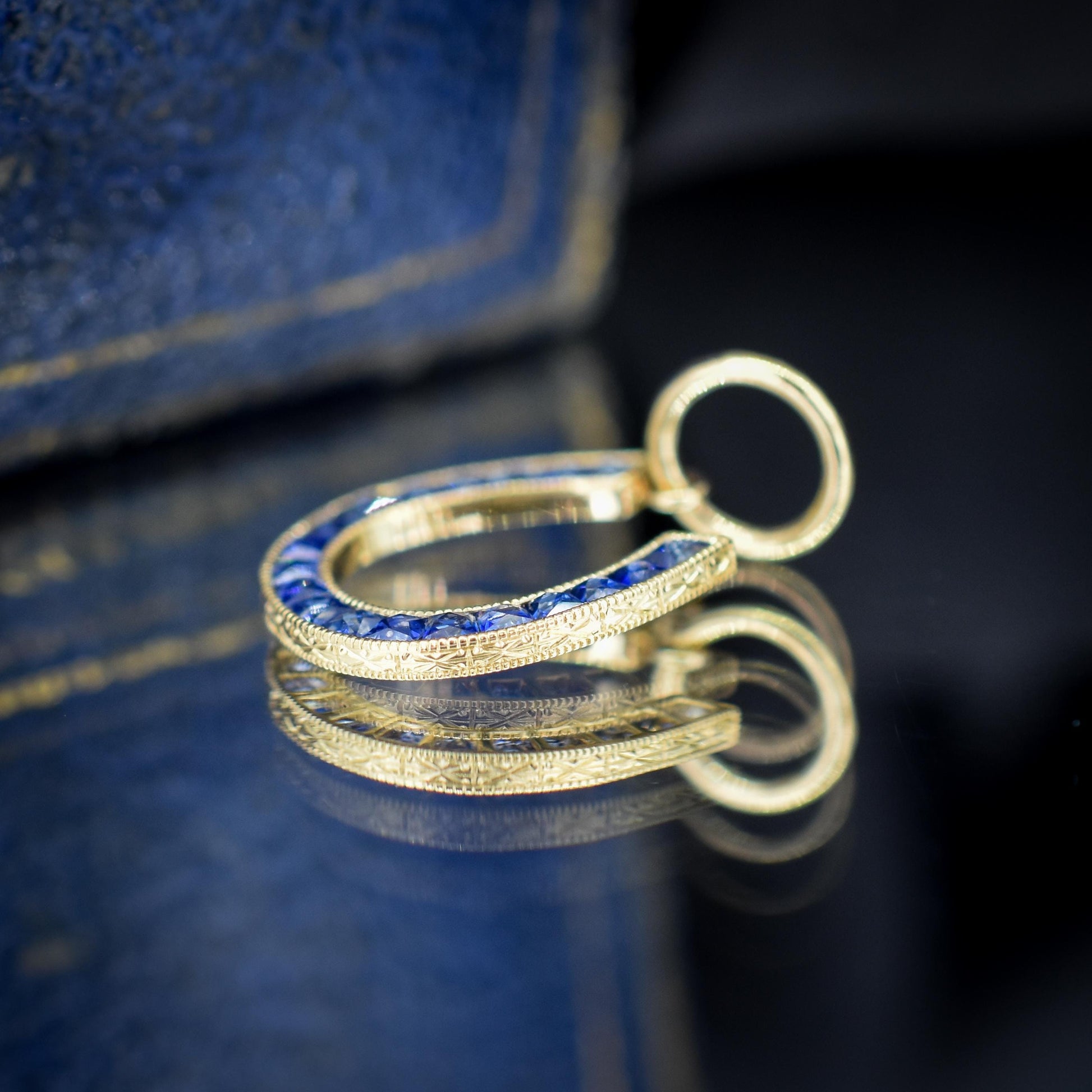 French Cut Royal Blue Sapphire Horseshoe 18ct Gold Charm Pendant - 0.55ct