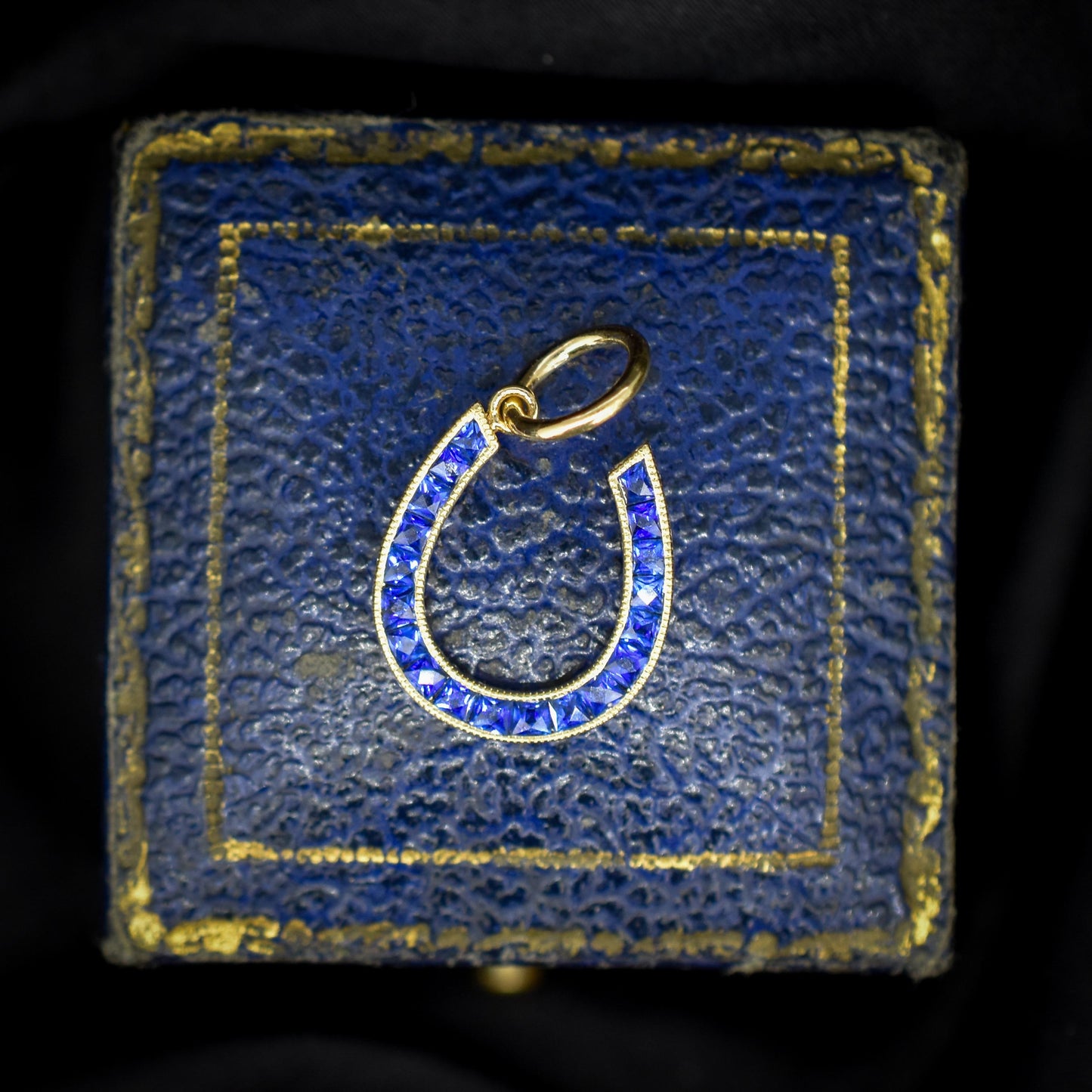 French Cut Royal Blue Sapphire Horseshoe 18ct Gold Charm Pendant - 0.55ct