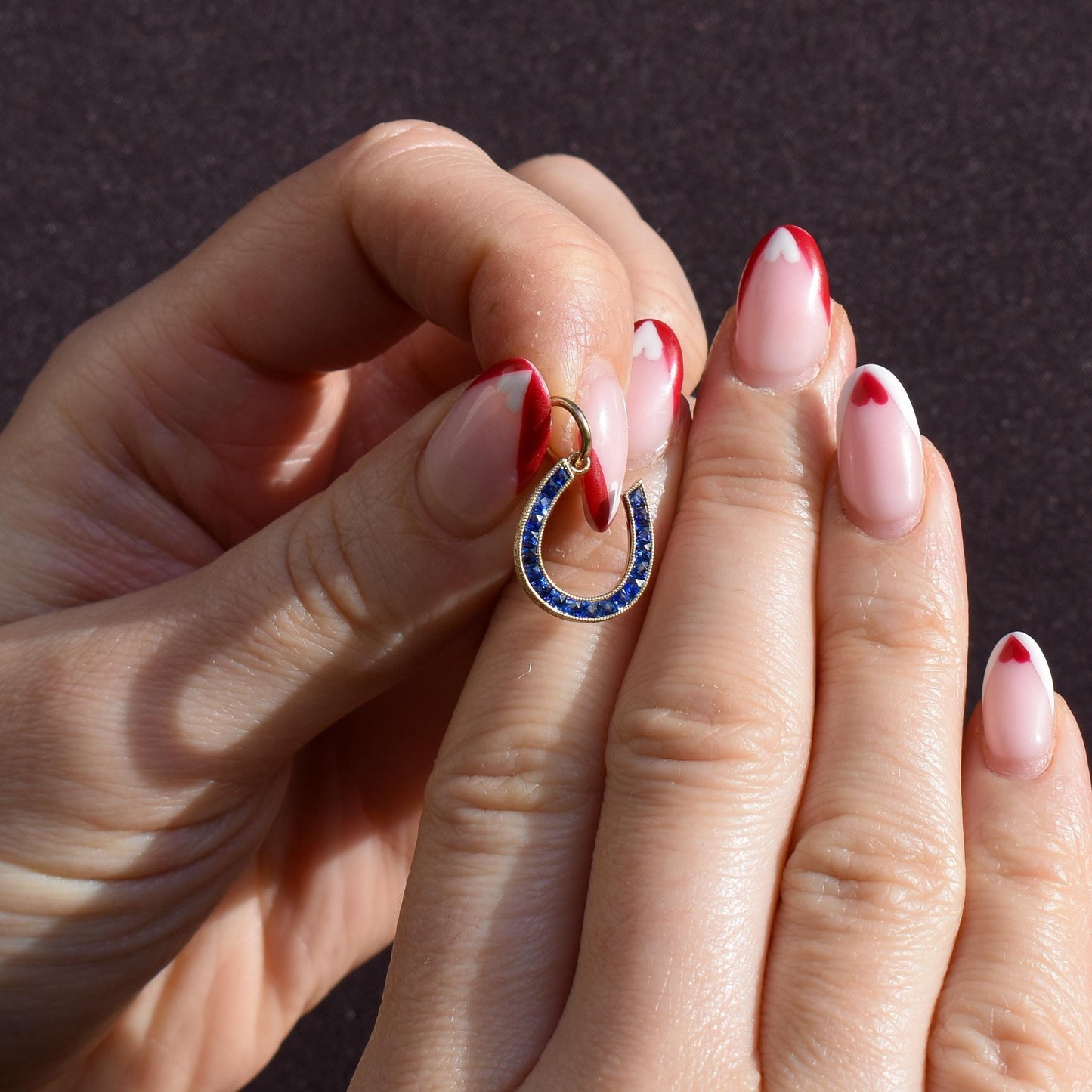 French Cut Royal Blue Sapphire Horseshoe 18ct Gold Charm Pendant - 0.55ct