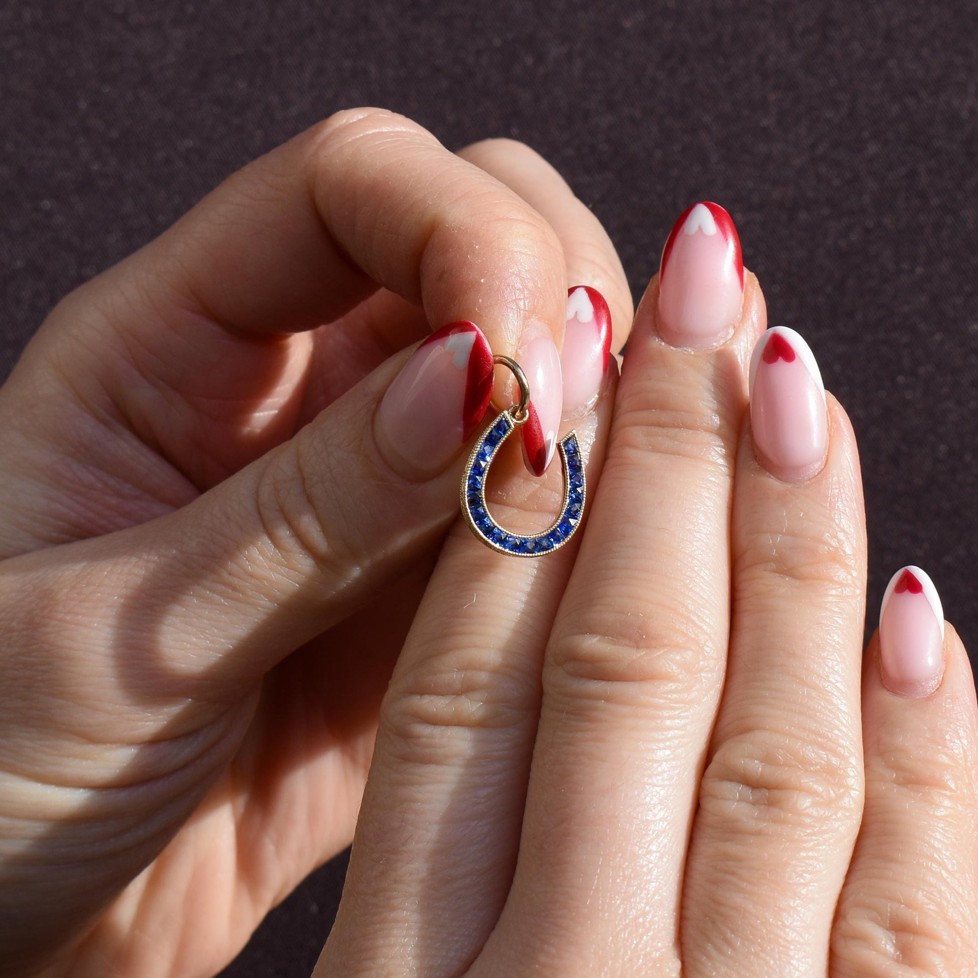 French Cut Royal Blue Sapphire Horseshoe 18ct Gold Charm Pendant - 0.55ct