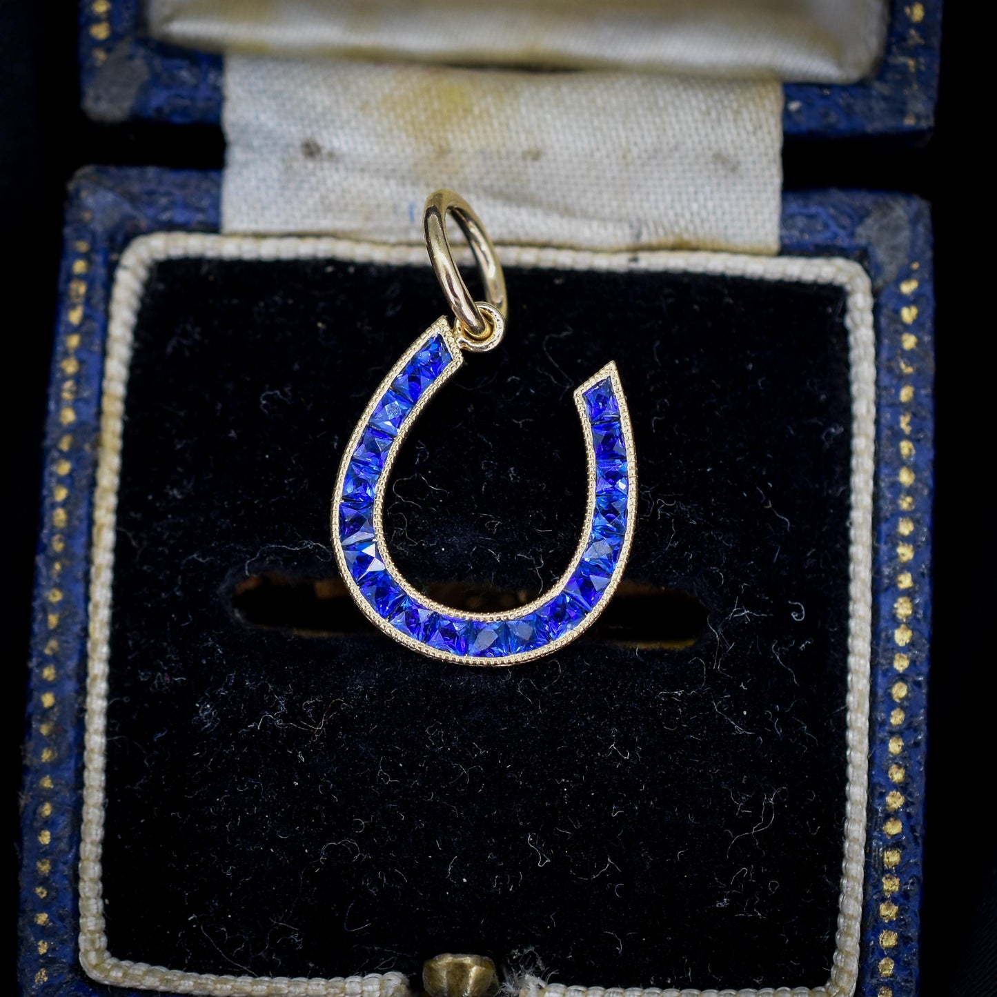 French Cut Royal Blue Sapphire Horseshoe 18ct Gold Charm Pendant - 0.55ct