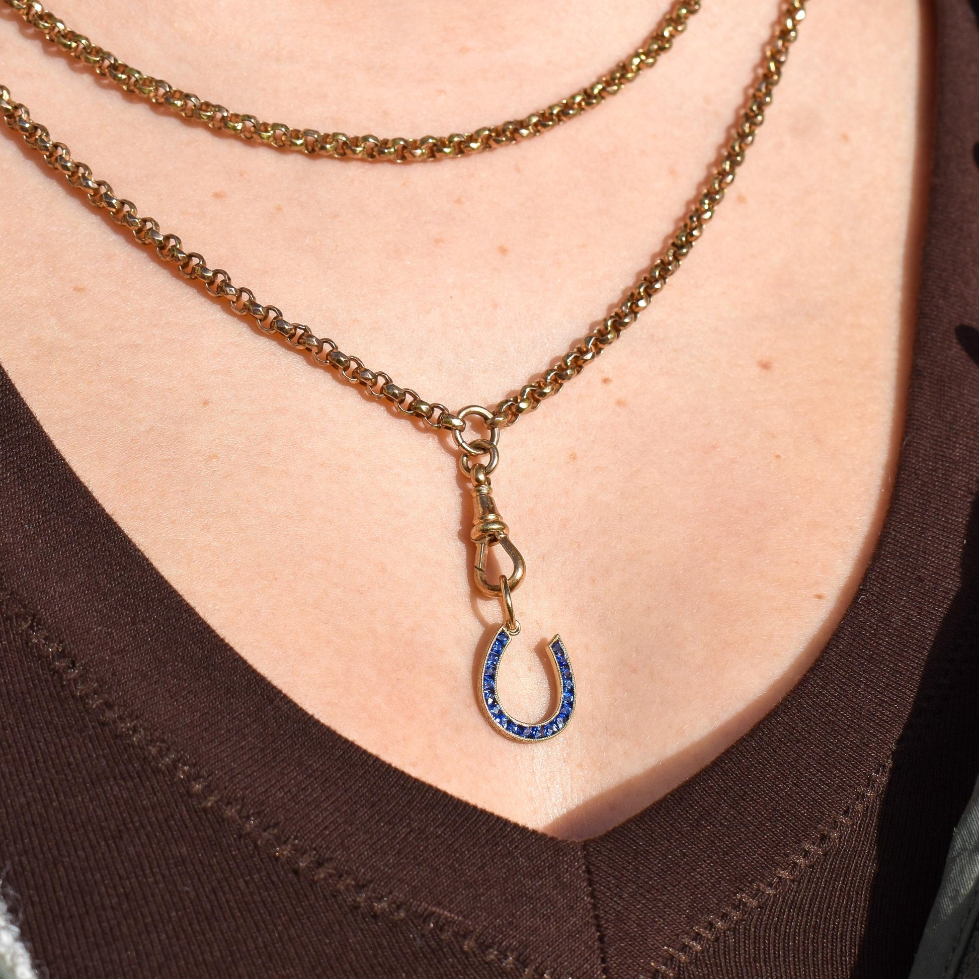 French Cut Royal Blue Sapphire Horseshoe 18ct Gold Charm Pendant - 0.55ct