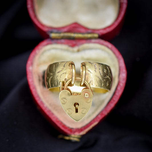Antique Heart Padlock Drop 9ct Yellow Gold Engraved Band Ring | Chester 1897