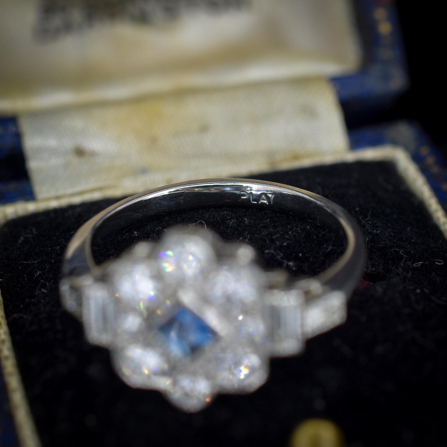Art Deco Style Blue Sapphire and Diamond Halo Platinum Ring