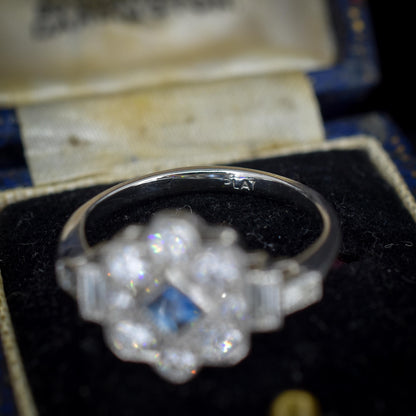 Art Deco Style Blue Sapphire and Diamond Halo Platinum Ring