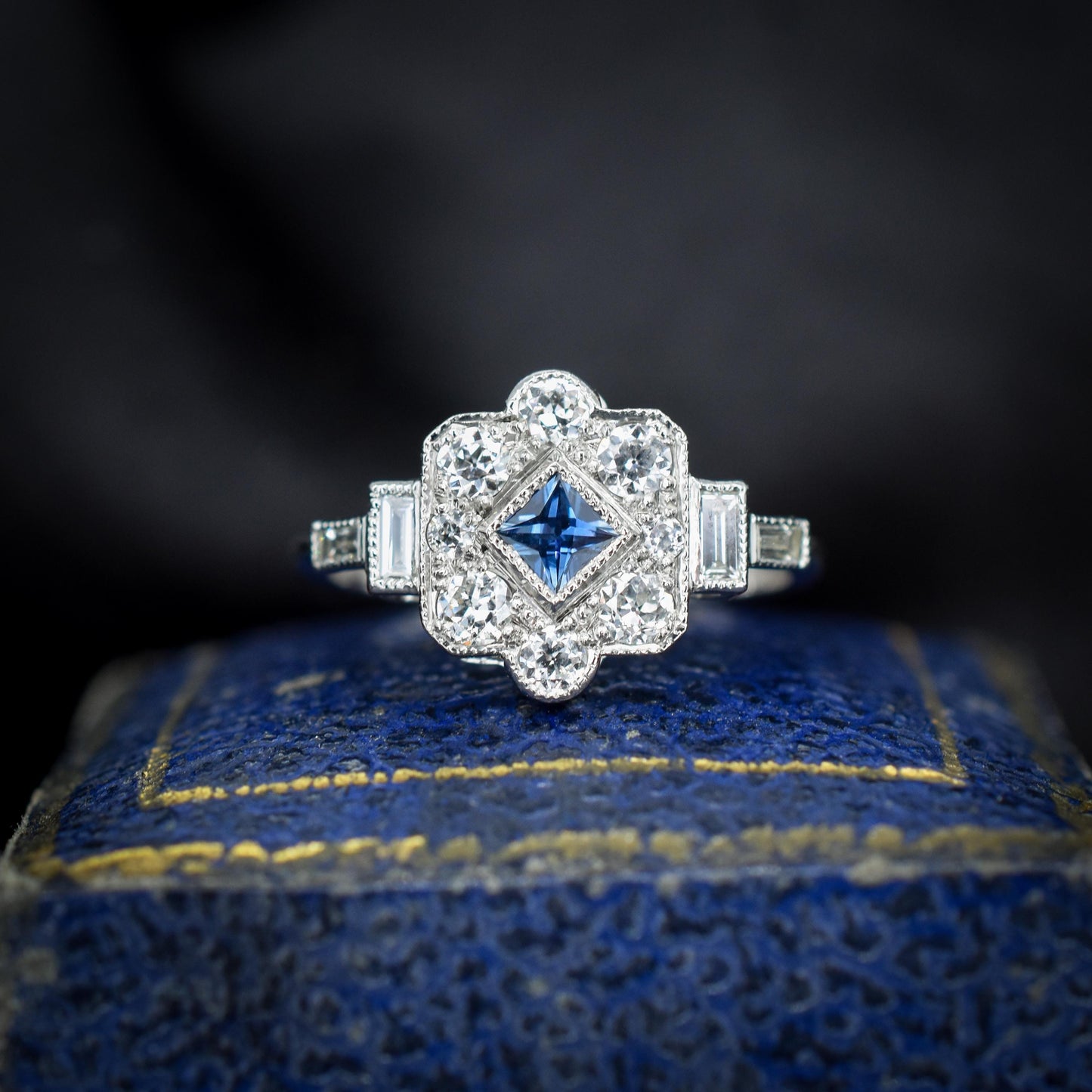 Art Deco Style Blue Sapphire and Diamond Halo Platinum Ring
