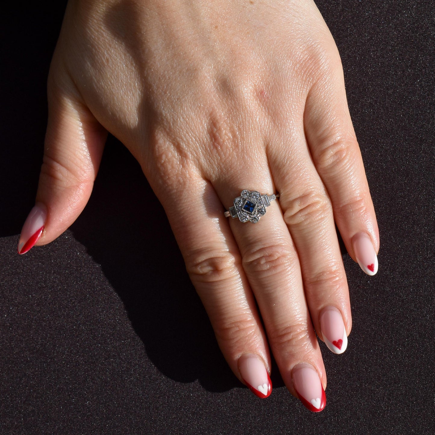 Art Deco Style Blue Sapphire and Diamond Halo Platinum Ring