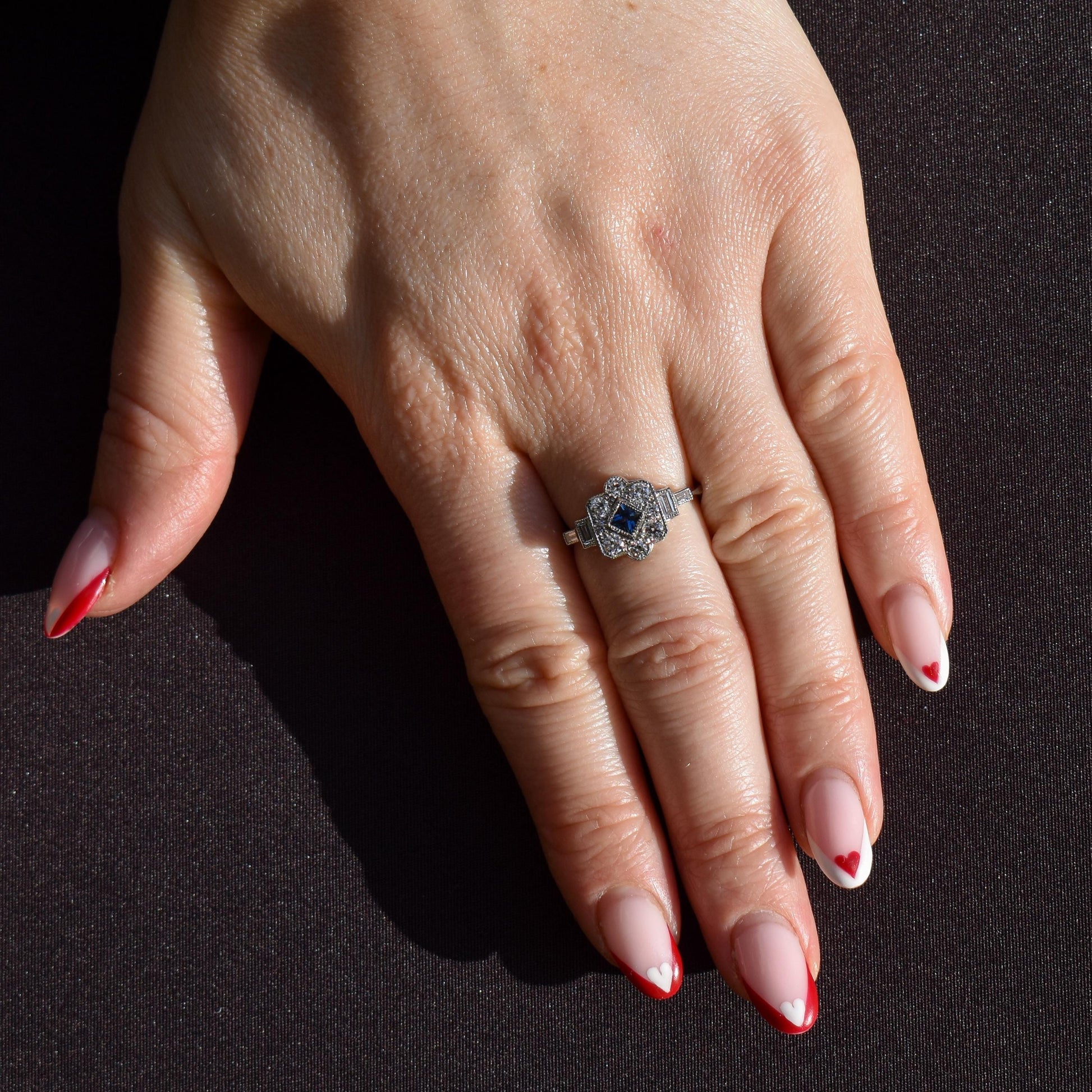 Art Deco Style Blue Sapphire and Diamond Halo Platinum Ring