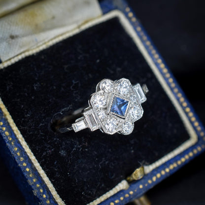 Art Deco Style Blue Sapphire and Diamond Halo Platinum Ring