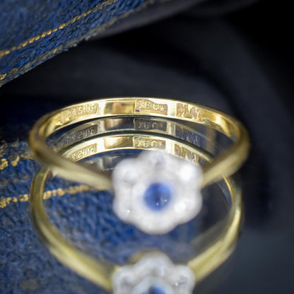 Antique Sapphire and Diamond Cluster 18ct Gold and Platinum Ring