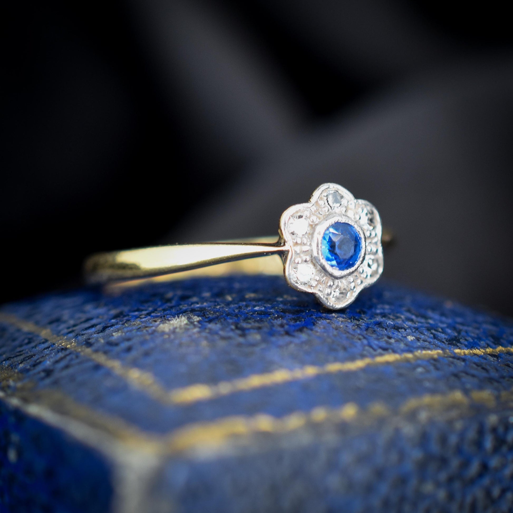 Antique Sapphire and Diamond Cluster 18ct Gold and Platinum Ring