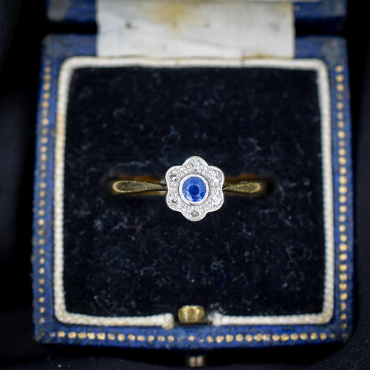 Antique Sapphire and Diamond Cluster 18ct Gold and Platinum Ring