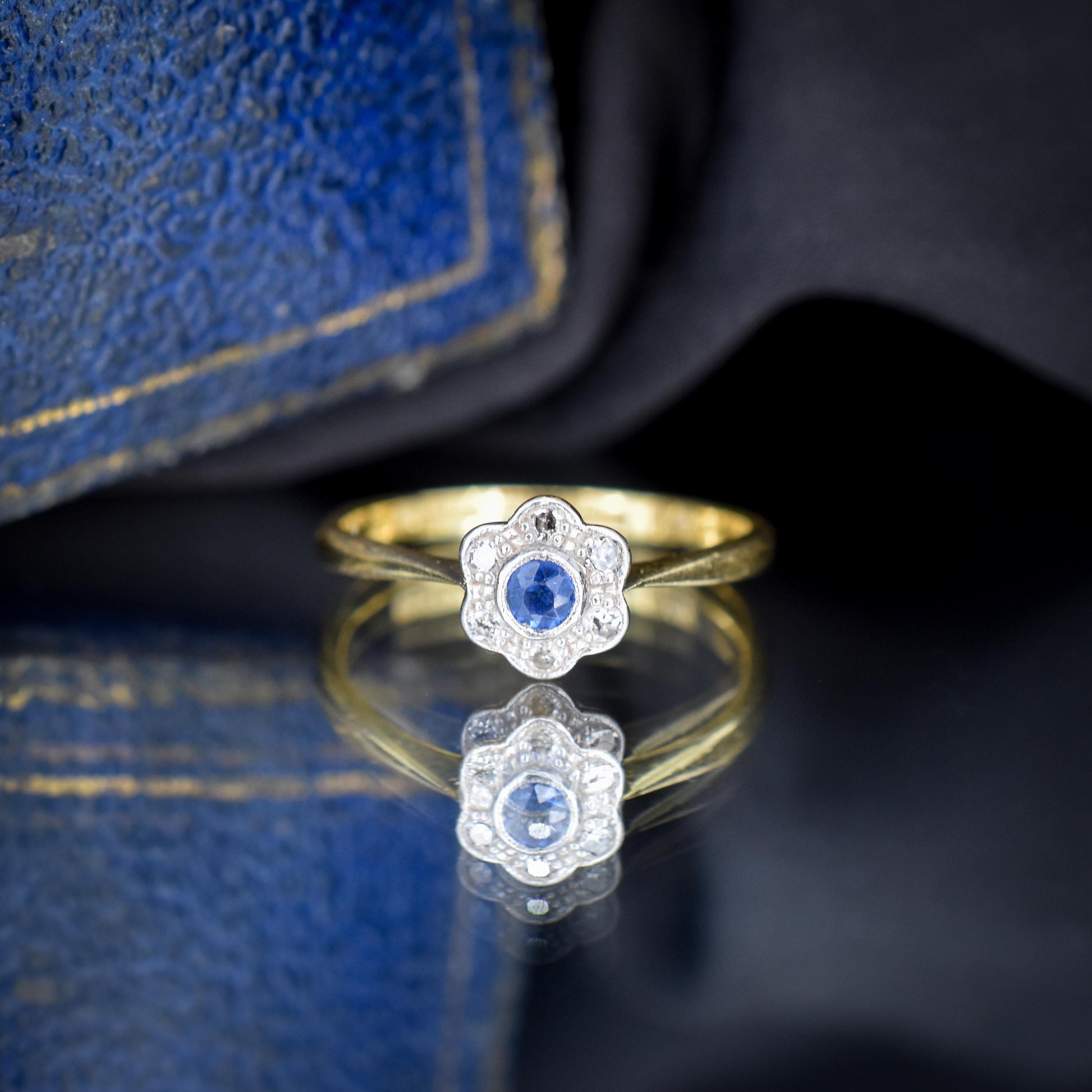 Antique Sapphire and Diamond Cluster 18ct Gold and Platinum Ring