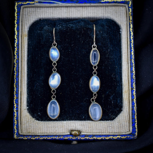 Antique Moonstone Silver Chandelier Drop Dangle Earrings | Circa.1900