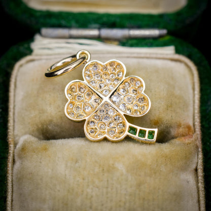 Diamond and Emerald Four-Leaf Clover 18ct Gold Charm Pendant