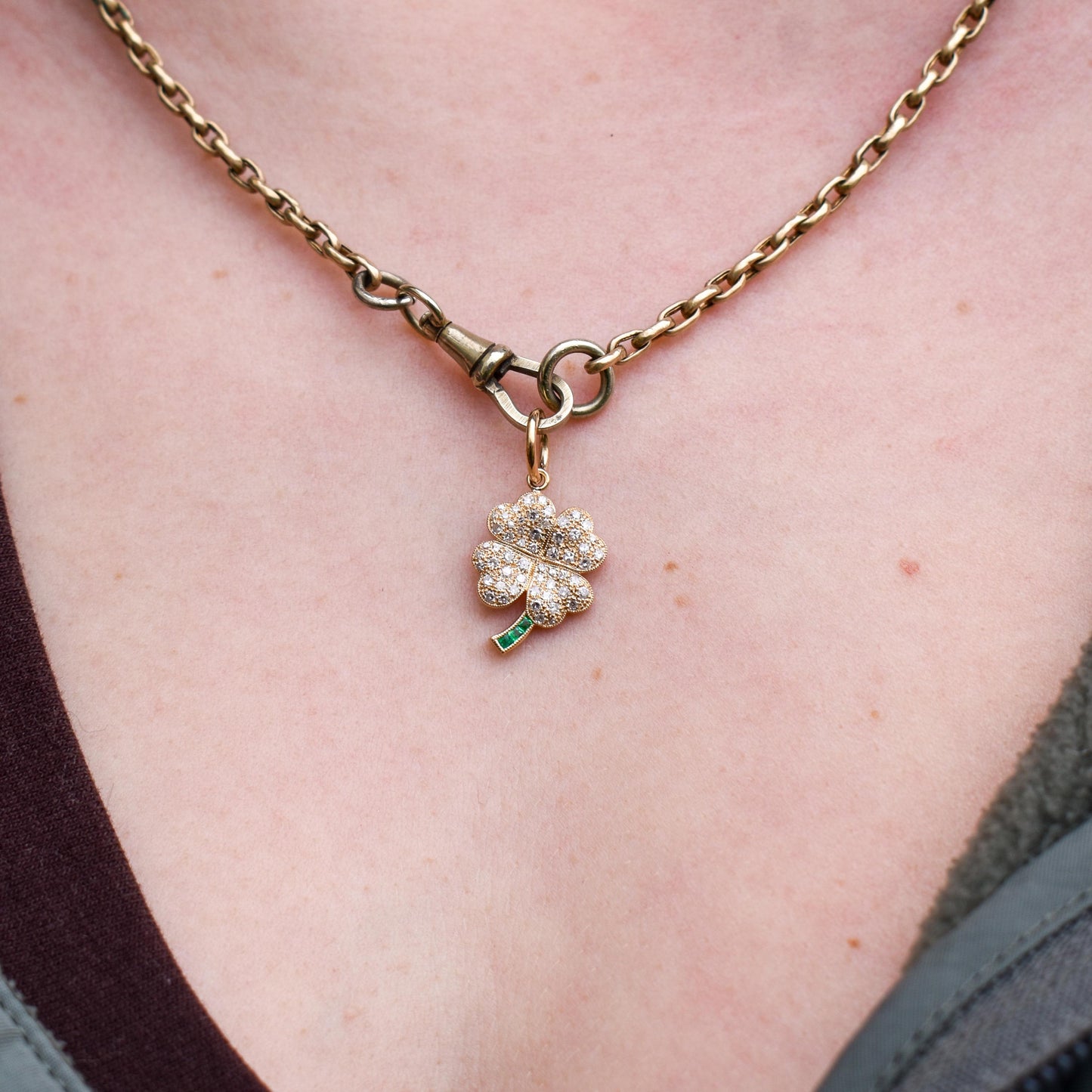 Diamond and Emerald Four-Leaf Clover 18ct Gold Charm Pendant