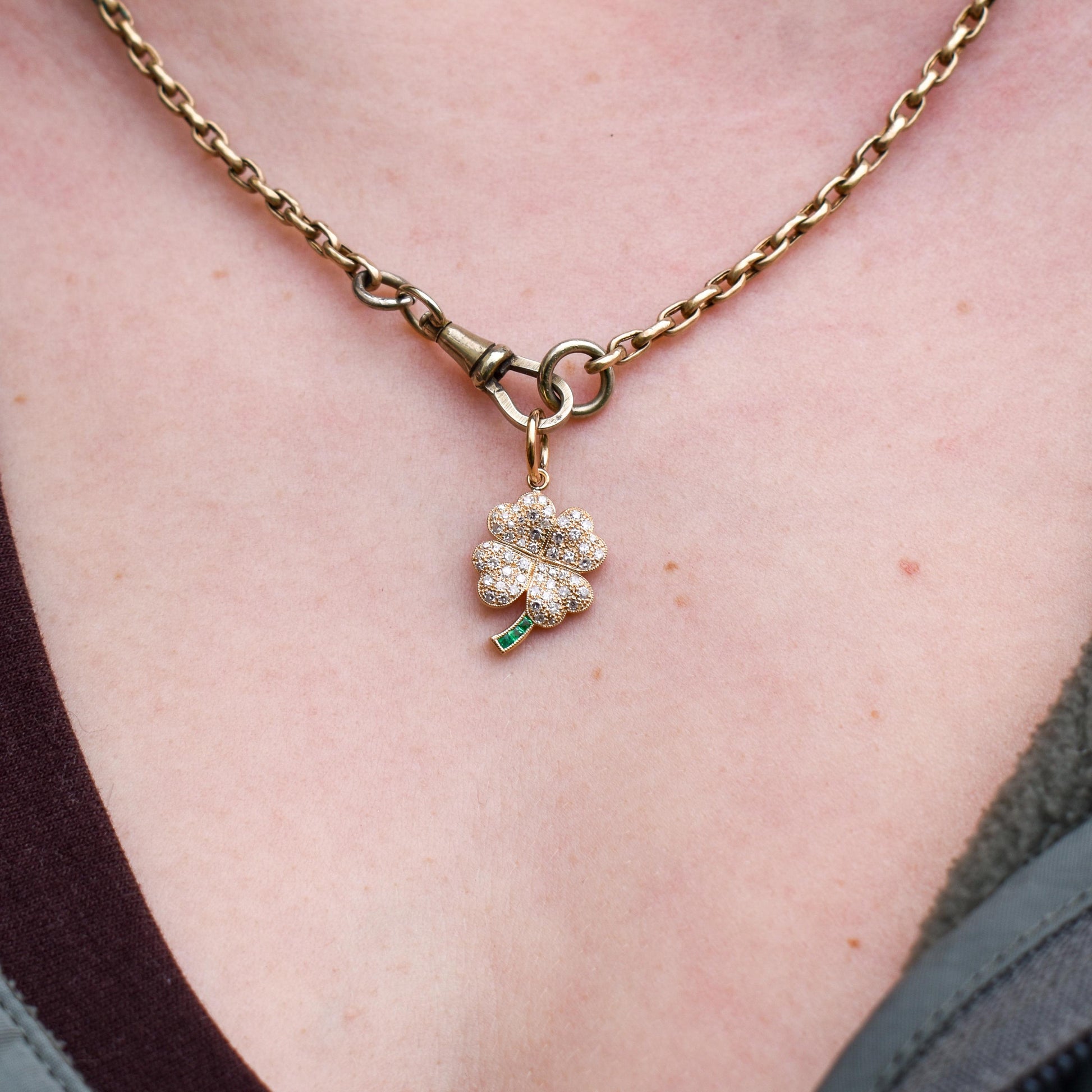 Diamond and Emerald Four-Leaf Clover 18ct Gold Charm Pendant