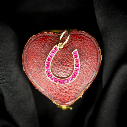 French Cut Ruby Horseshoe 18ct Yellow Gold Charm Pendant - 0.55ct
