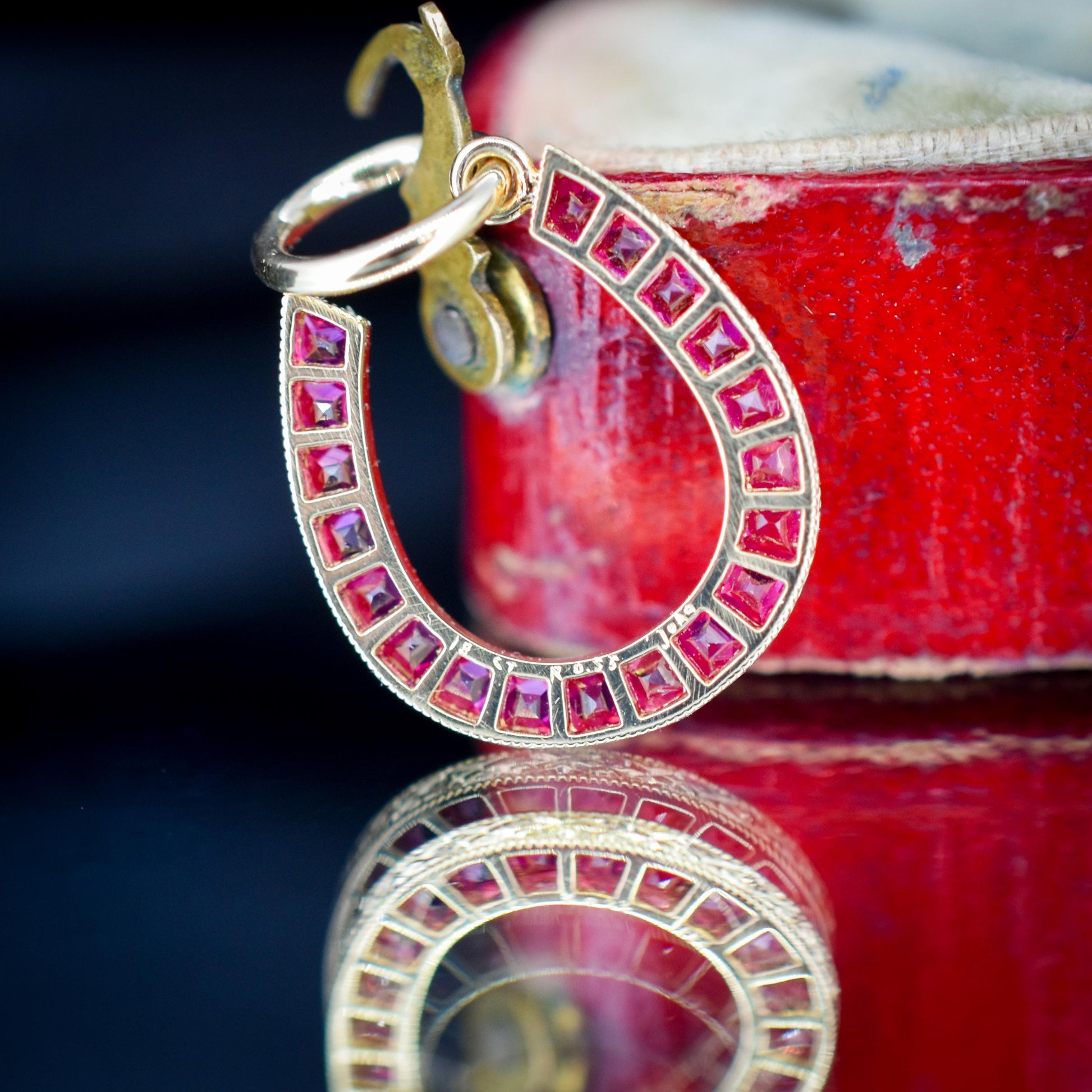 French Cut Ruby Horseshoe 18ct Yellow Gold Charm Pendant - 0.55ct