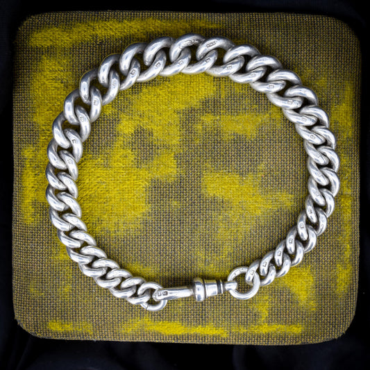 Antique Chunky Graduated Curb Sterling Silver Bracelet with Dog Clip | 8"