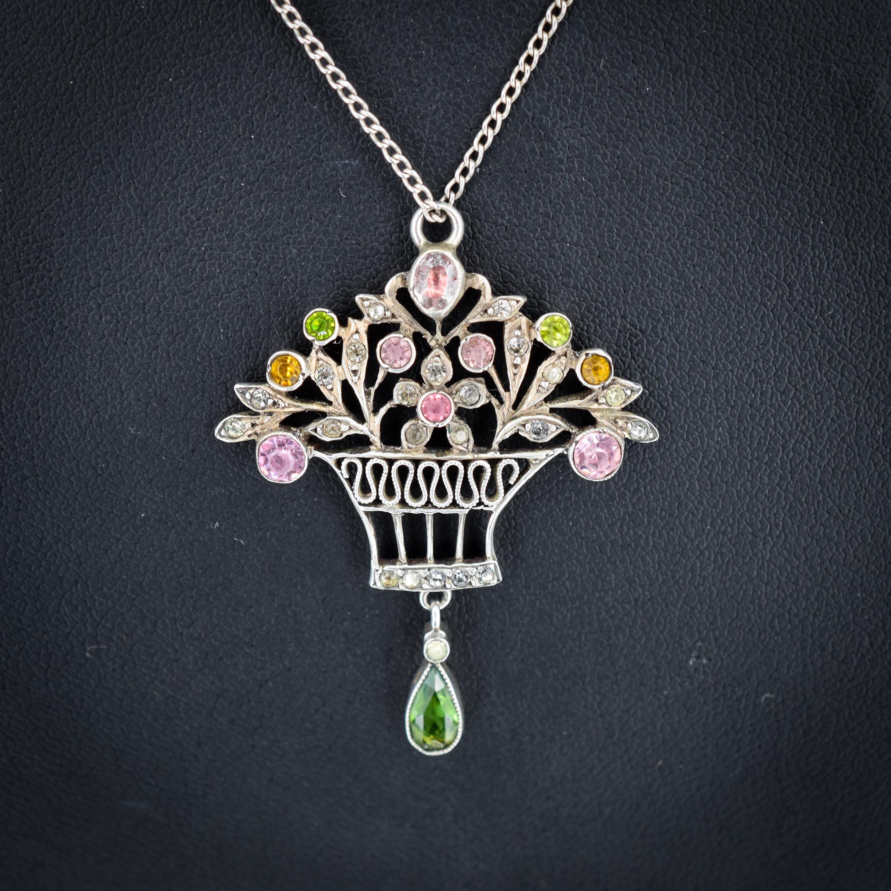 Antique Giardinetti Flower Basket Paste Silver Pendant Necklace